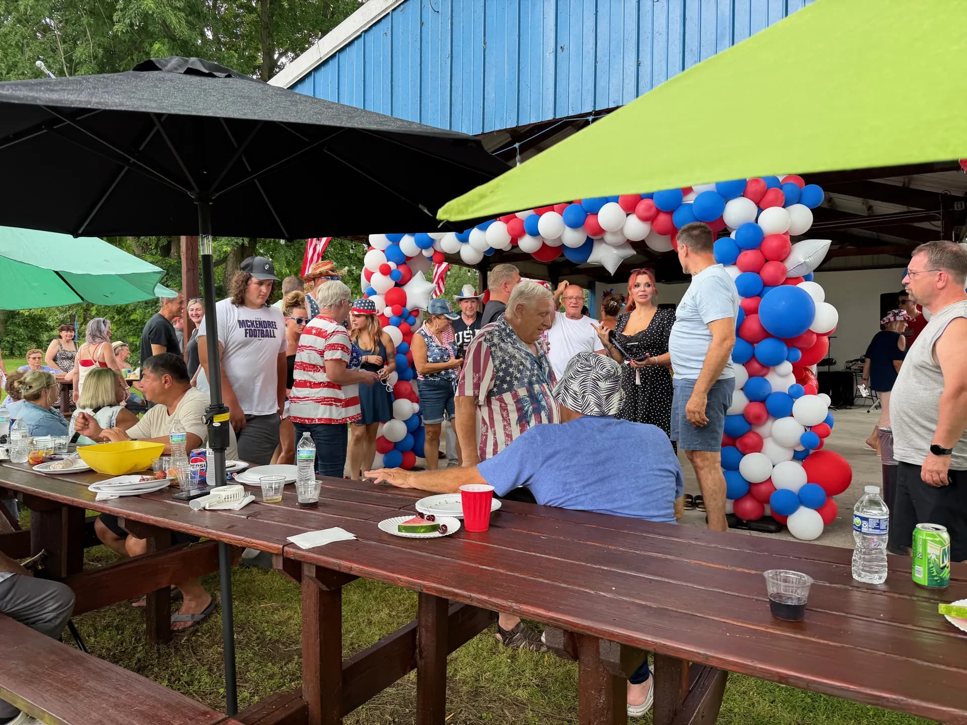 A Fourth of July picnic with red, white, and blue balloons