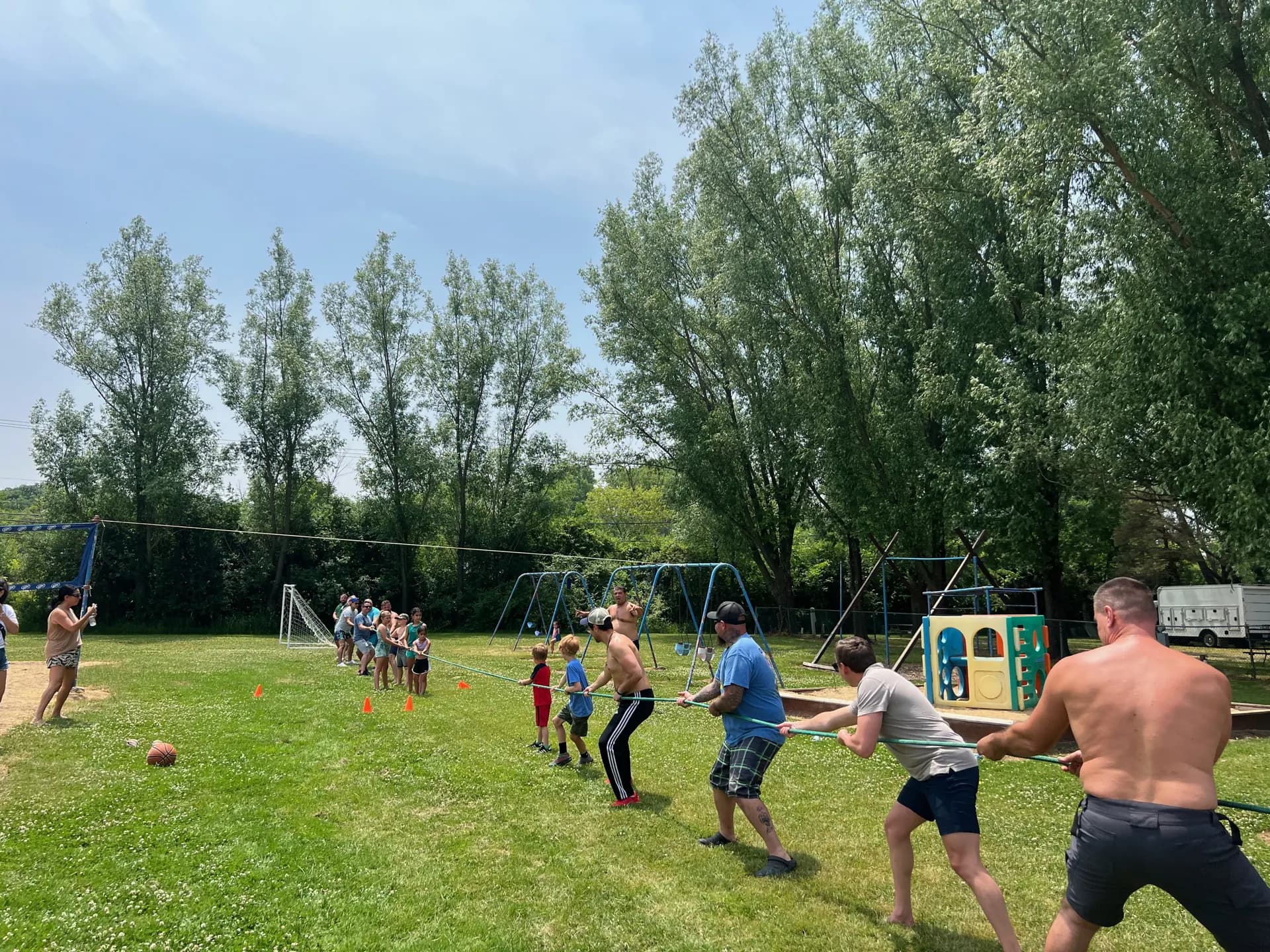 A tug-of-war match on the lawn